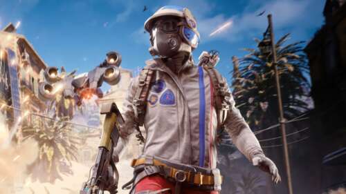 A cinematic view of a Raider character from the game ARC Raiders wearing rugged tactical... free background