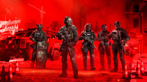A tactical SWAT operator in full combat gear positioned against a vibrant red background,... wallpaper
