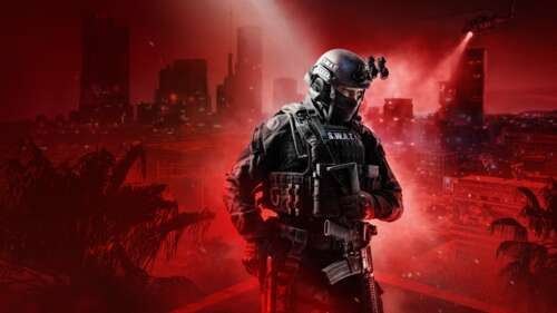 A SWAT officer in full tactical combat gear positioned against a striking red background,... wallpaper download