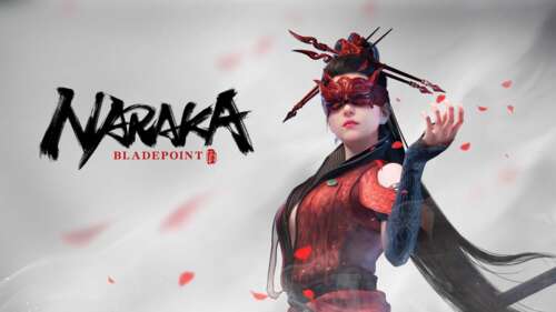 A female warrior from Naraka: Bladepoint wearing a prominent red mask and dark, detailed... desktop wallpaper