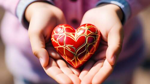 A close-up shot of two hands coming together to cradle a bright red heart. wallpaper