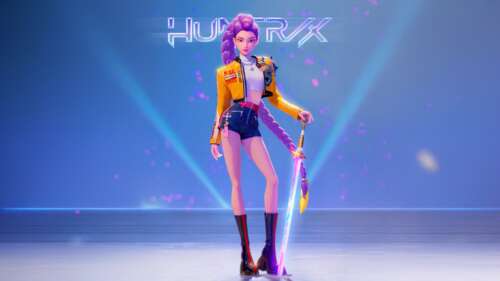 A stylish portrait of Rumi (Huntrix) from KPop Demon Hunters, featuring K-Pop inspired... wallpaper images