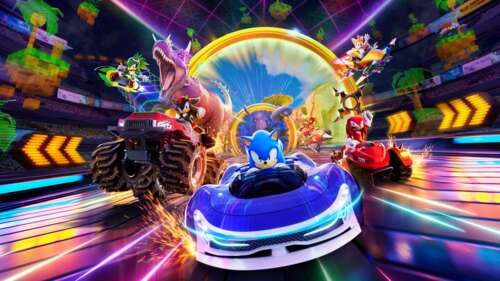 Dynamic key art of Sonic the Hedgehog for the game Sonic Racing: CrossWorlds. wallpaper