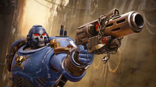A heavily armored Space Marine from Warhammer 40,000: Space Marine 2 standing in... desktop wallpaper