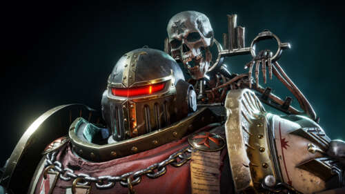 A heavily armored Space Marine from the video game Warhammer 40,000: Space Marine... computer backgrounds