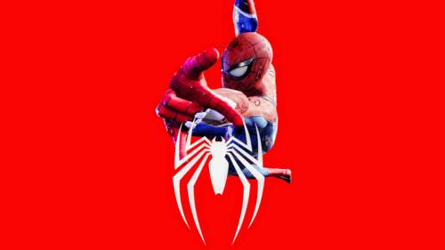 Spider-Man performing an acrobatic stunt against a solid red background, capturing... wallpaper