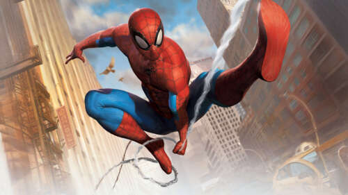 The superhero Spider-Man from Marvel swinging through a metropolitan skyline. wallpaper