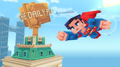 A blocky, voxel-based version of Superman from DC Comics featuring his iconic blue... wallpaper for pc download