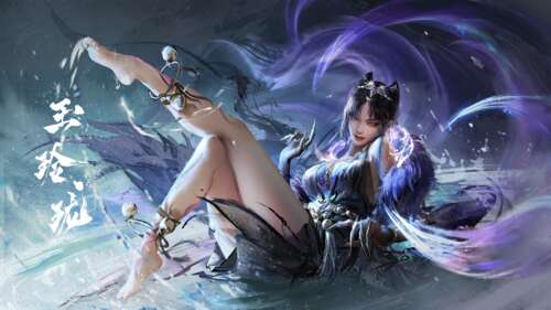 An anime-style portrait of Tessa from Naraka: Bladepoint surrounded by vibrant purple...