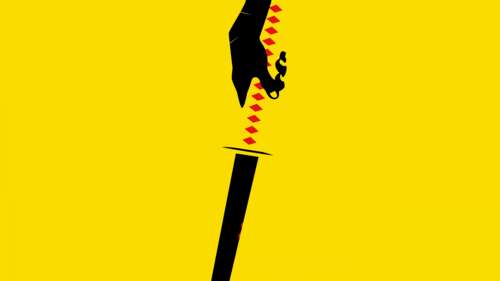 Minimalist illustration of Beatrix Kiddo from Kill Bill holding a katana against... wallpaper