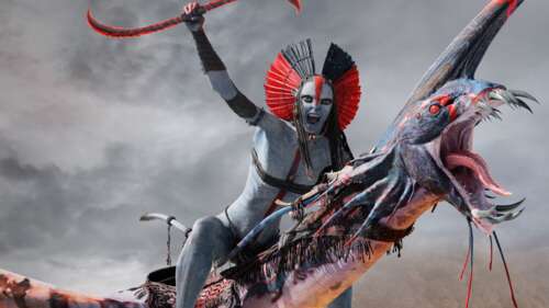 A powerful warrior named Varang from the movie Avatar: Fire and Ash, surrounded by... wallpaper