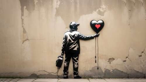 A colorful graffiti painting of a stylized heart balloon on an urban textured wall. wallpaper