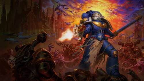 A heavily armored Space Marine from Warhammer 40,000 standing on a war-torn battlefield. background images hd