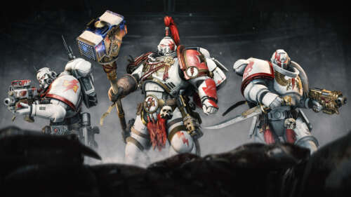 A White Scars Space Marine in ornate white and red power armor from Warhammer 40,000:... hd background