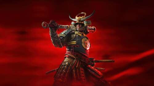 A cinematic portrait of Yasuke from Assassin's Creed Shadows set against a deep red... free background images
