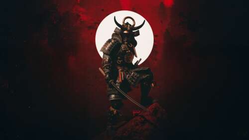 Yasuke from Assassin's Creed Shadows holding a katana against a dark red background. hd background