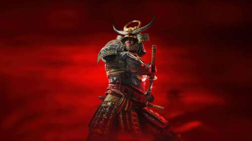 A cinematic close-up of Yasuke from Assassin's Creed Shadows holding a katana against... hd background