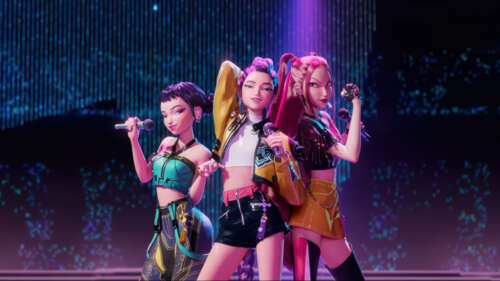 Three K-pop idols from the group Huntrix, Rumi, Mira, and Zoey, dressed in dark,... free background