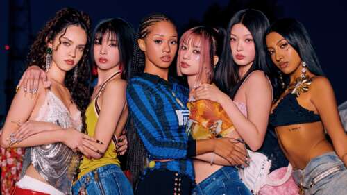 A professional and stylish group portrait of the members of the girl group KATSEYE. free background