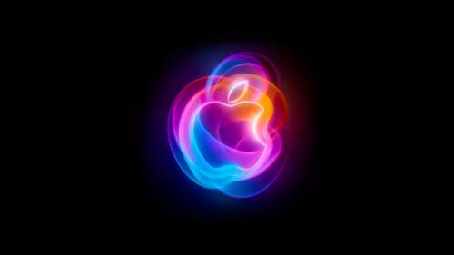 A colorful, glowing Apple logo with vibrant light streaks on a dark, black background. wallpaper images