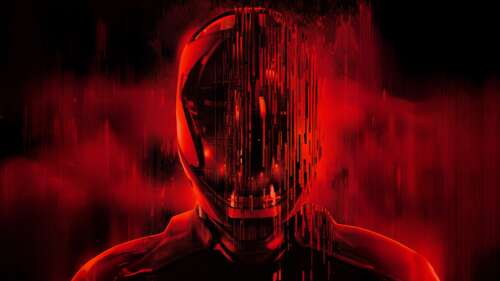 A high-resolution close-up of Ares from Tron: Ares featuring a red glitch effect... wallpaper download