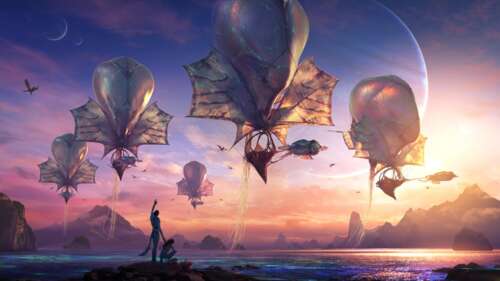 A dramatic concept art depiction of a Na'vi character from Avatar: Fire and Ash surrounded... wallpaper