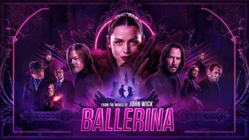 A cinematic movie poster for the 2025 film Ballerina featuring Ana de Armas with... free desktop wallpaper