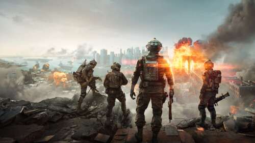 A soldier in modern tactical military gear amidst a war-torn battlefield, Battlefield...