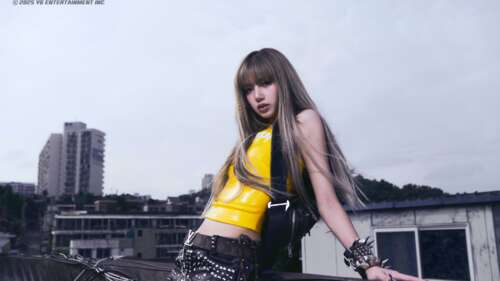 A stunning 8K close-up of a Blackpink K-pop idol wearing a sleek and glossy black... free wallpaper