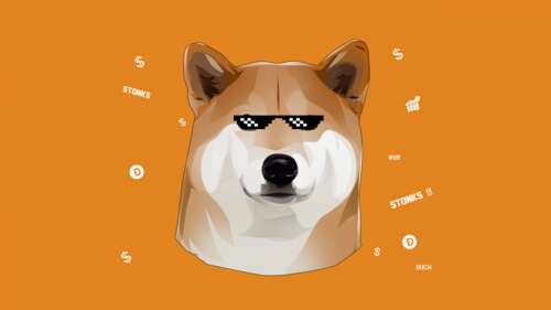 The famous Doge Shiba Inu character from the Dogecoin meme on a bright yellow background. wallpaper
