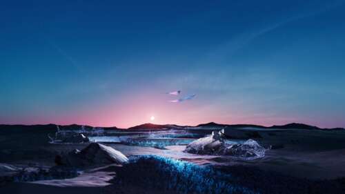 A surreal digital art landscape featuring a glowing sunset over an ethereal horizon... wallpaper