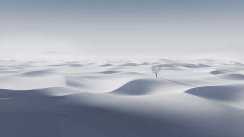 A dreamlike, minimalist landscape of vast white sand dunes under a bright, ethereal... free wallpaper