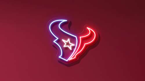 Glowing neon Houston Texans NFL logo on a red background. high definition wallpaper
