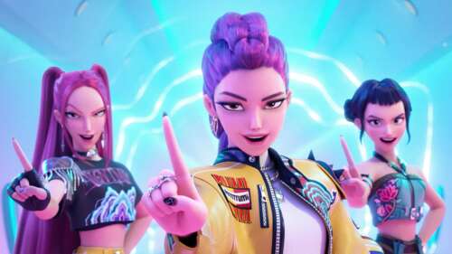 The K-Pop demon hunting group Huntrix, featuring members Rumi, Mira, and Zoey in... wallpaper