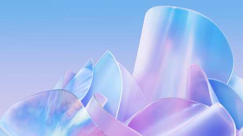 A 3D render of iridescent, translucent glass crystals with a soft pastel sky blue... wallpaper