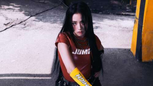 A high-resolution, close-up portrait of a K-Pop singer in a black latex costume. 4K (Ultra HD) computer backgrounds