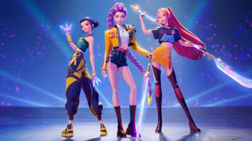 A cinematic, wide-angle view of Rumi, Mira, and Zoey from Huntrix, dressed as KPop... wallpaper download