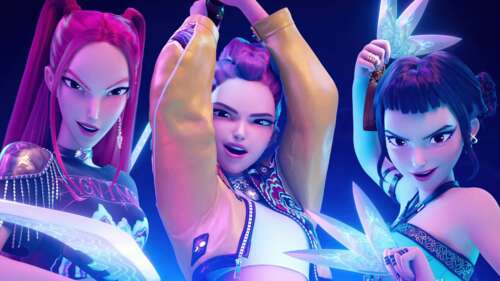 Rumi, Mira, and Zoey from the Huntrix group, styled as K-Pop inspired demon hunters... free wallpaper