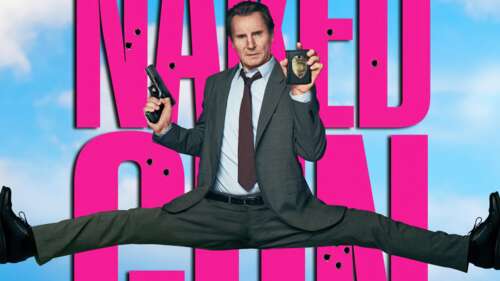 Liam Neeson in a dramatic and comedic pose for the 2025 film The Naked Gun desktop wallpaper