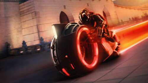 A glowing, futuristic Light Cycle speeding across a dark digital landscape with bright...