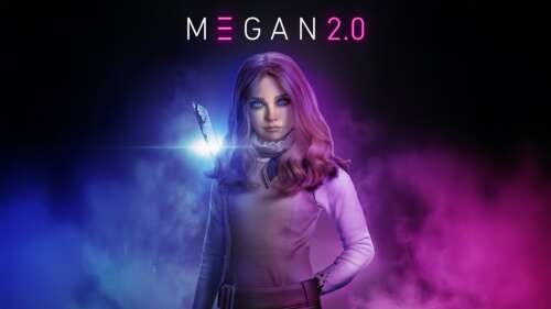 A cinematic movie poster for M3GAN 2.0 featuring the character M3GAN against a bright...