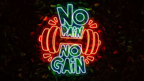 Glowing neon sign with 'No pain No gain' text set against a dark, moody weightlifting... wallpaper download