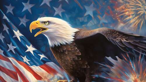A majestic bald eagle prominently featured with the American Stars and Stripes flag... wallpaper