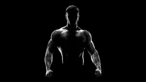 A powerful silhouette of a muscular bodybuilder against a deep black AMOLED background. hd background