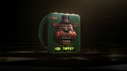 A retro-style cinematic poster of Freddy Fazbear from Five Nights at Freddy's featuring... free desktop wallpaper
