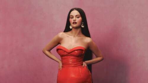 A high-resolution portrait of Selena Gomez featuring a pastel red aesthetic and elegant,... hd background
