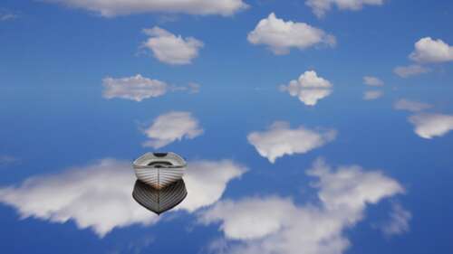 A serene boat reflecting on calm, mirror-like water under a sky filled with fluffy... wallpaper