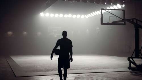 Silhouette of a basketball player standing on an indoor court near the backboard. wallpaper