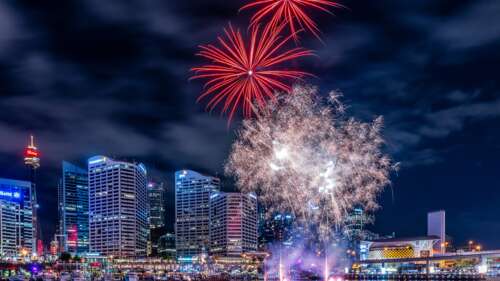 Vibrant colorful fireworks bursting over the Sydney city skyline and harbor at night. wallpaper