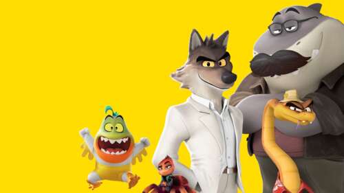 Movie poster for The Bad Guys 2 featuring Mr. Wolf and the gang on a bright yellow...